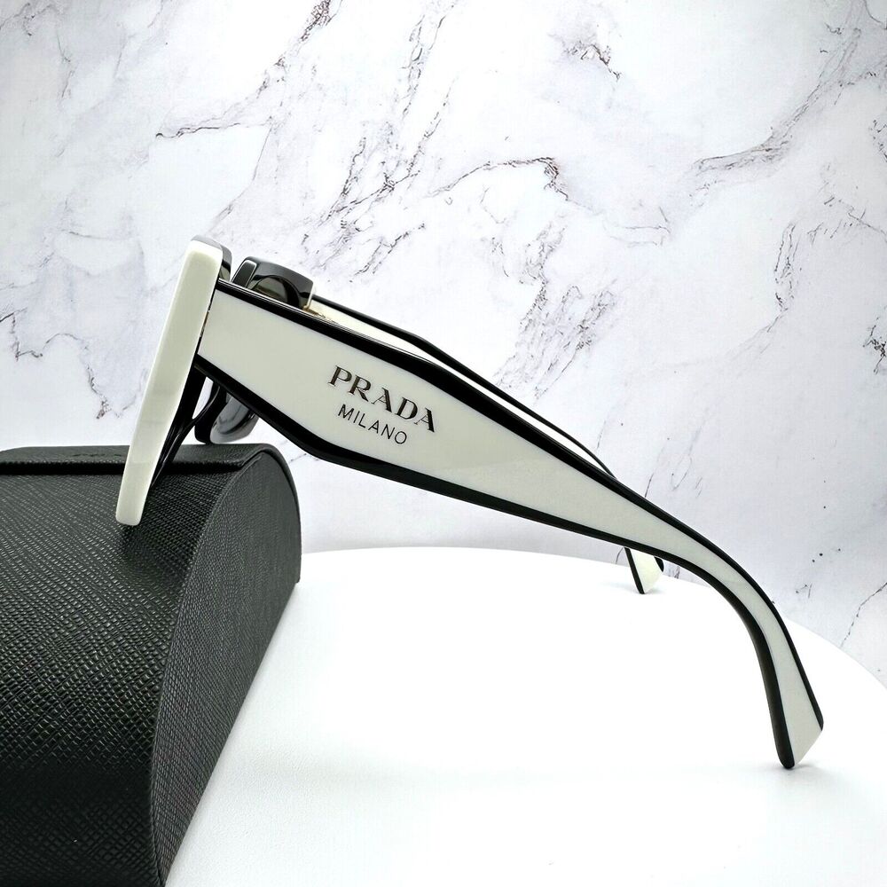 New Prada Sunglasses Womens Black White Symbole Logo Authentic Gold Logo Italy - Picture 11 of 16